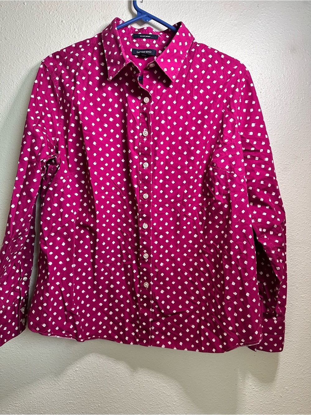 Lands' End Women's Bright Pink Button-Down Shirt with White Dot Print 16P